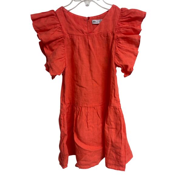 Zara Other - Zara Girls Linen Dress Orange Flutter Sleeve Ruffle Hem Summer Size 7 NWT New